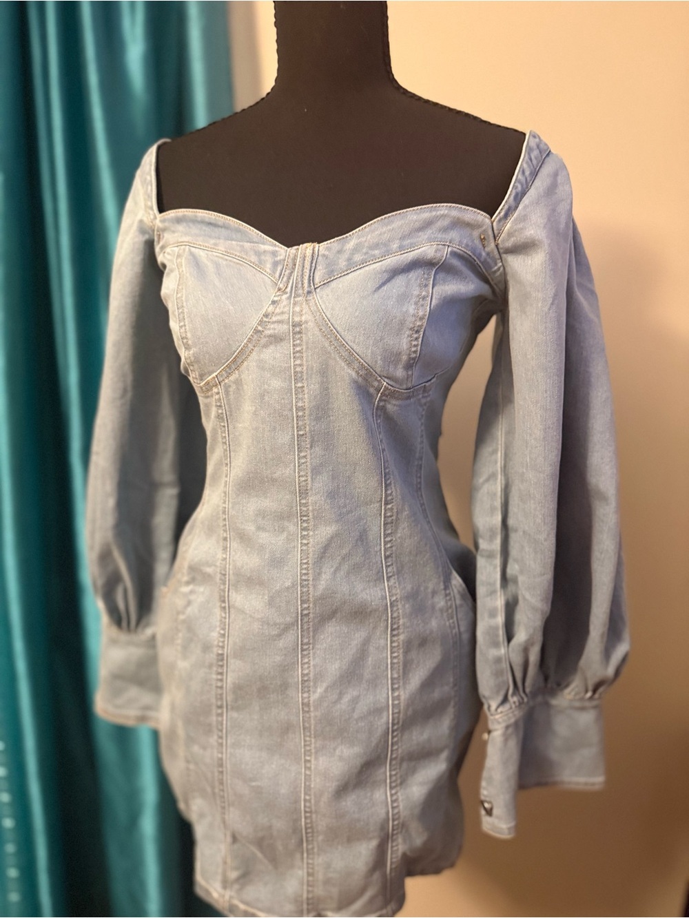 Light Wash Denim Off-Shoulder Long Sleeve Mini Dress